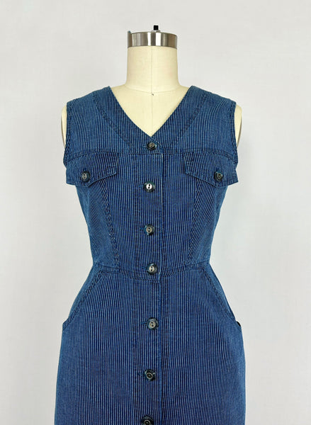 Vintage Sleeveless Buttoned Denim Maxi Dress | 1990s