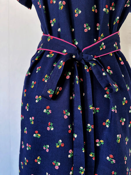 1980s Navy Floral Midi Dress by Lanz Originals