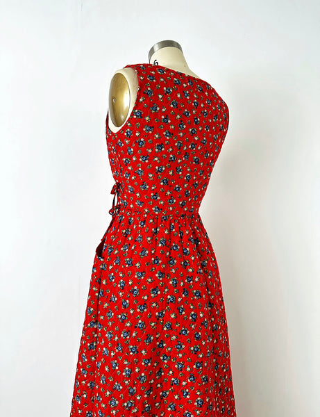 1970s Lanz Original Red Floral Quilted Maxi Dress