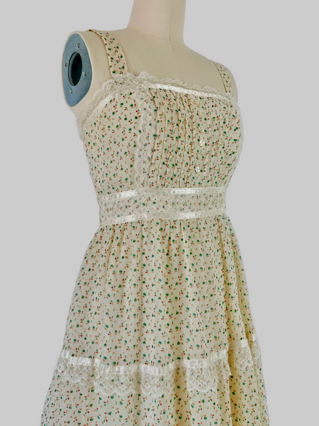 1970s Bohemian Lace-Trimmed Floral Maxi Dress