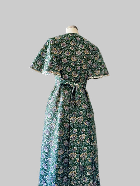 1970s Capelet Hunter Green Floral Dress