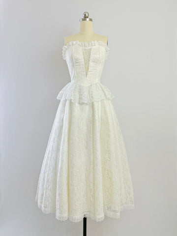 GUNNE SAX  1980s Strapless White Cream Lace Dress