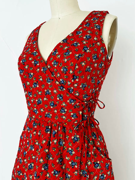 1970s Lanz Original Red Floral Quilted Maxi Dress