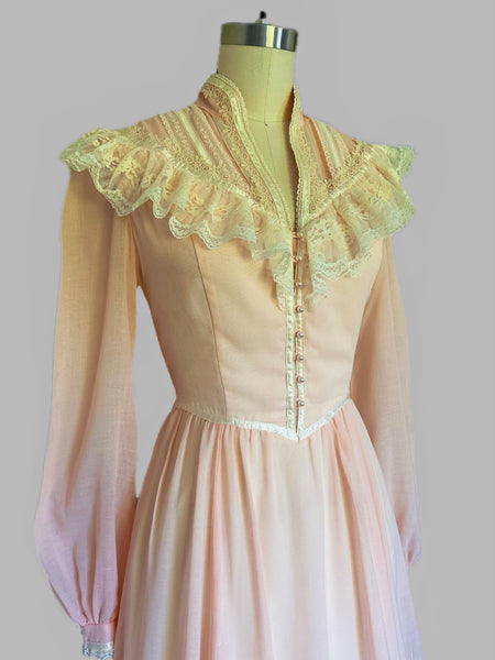 1970s Gunne Sax Romantic Renaissance Bridal Gown in Rosy Peach