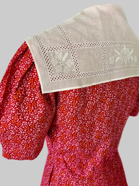 1980s Laura Ashley Cotton Red Floral Sailor Collar Dress