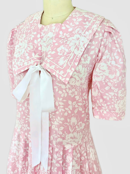 1980s Laura Ashley Pink Floral Sailor Collar Dress — Deadstock