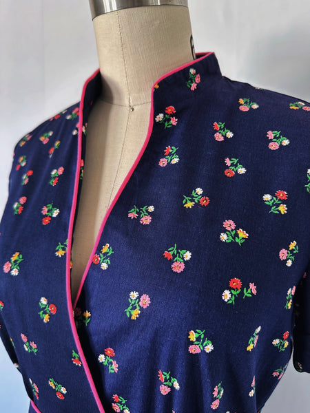 1980s Navy Floral Midi Dress by Lanz Originals