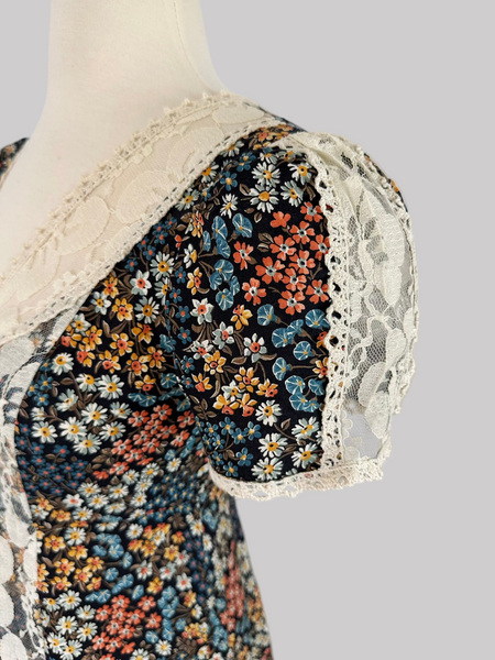 1970s Bohemian Floral & Lace Maxi Dress