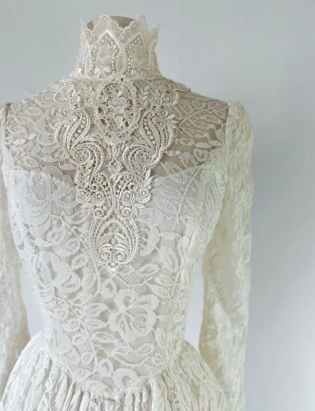 1980s Jessica McClintock Bridal Lace Victorian High Collar Midi Dress