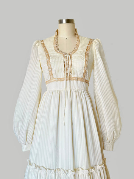 1970s Vintage Ivory Pinstripe Lace-Up Maxi Dress