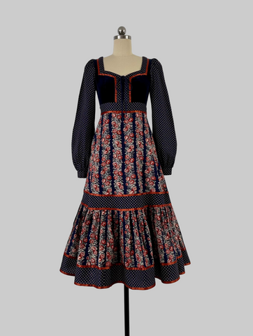 1970s Gunne Sax Velvet and Cabbage Rose print cotton Midi dress