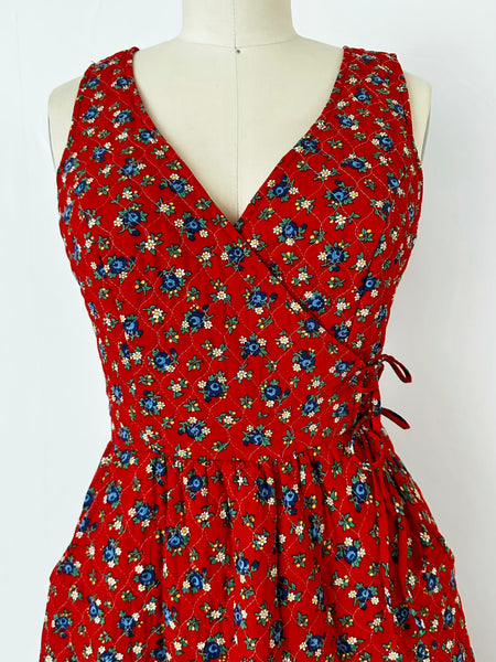 1970s Lanz Original Red Floral Quilted Maxi Dress