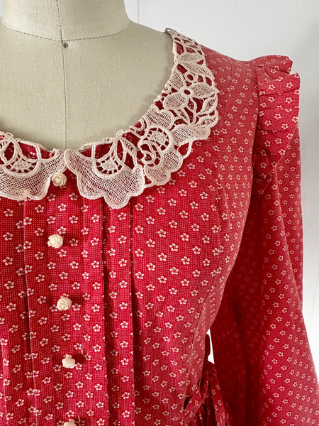 1970s Candi Jones Crimson Calico Prairie Dress
