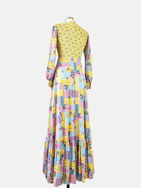1970s Floral Patchwork Print Gown