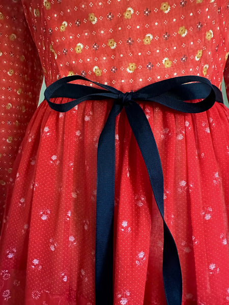 1970s Crimson Red Prairie Western Maxi Dress