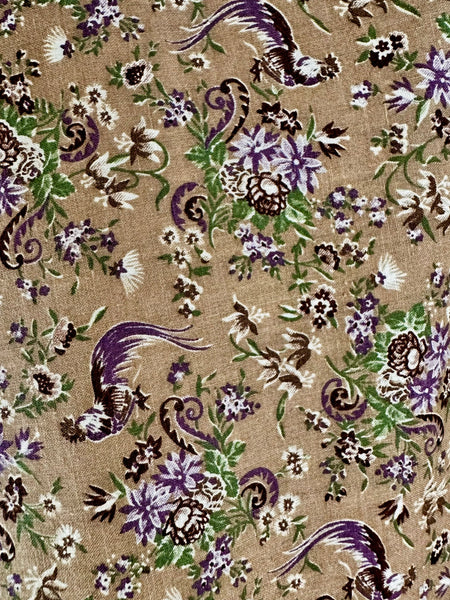 Floral and rooster pattern on a beige background