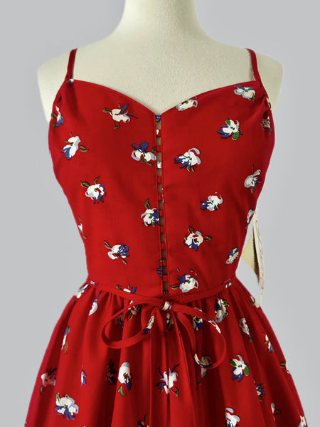 NOS 1980s Lanz Originals Red Tyrolean Floral Crisscross Back Cotton Dress