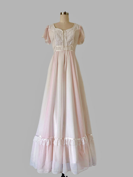 1970s Gunne Sax Blush Pink Lace-Up Maxi Dress