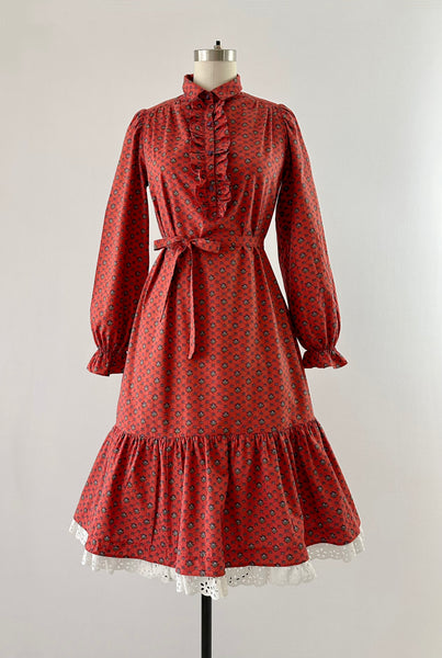 Vintage 1970s belted ruffled tiered floral-print midi dress