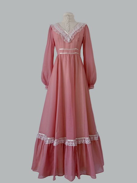Rare 1970s Gunne Sax dusty rose pink lace dress with Victorian neckline and ruffled hem