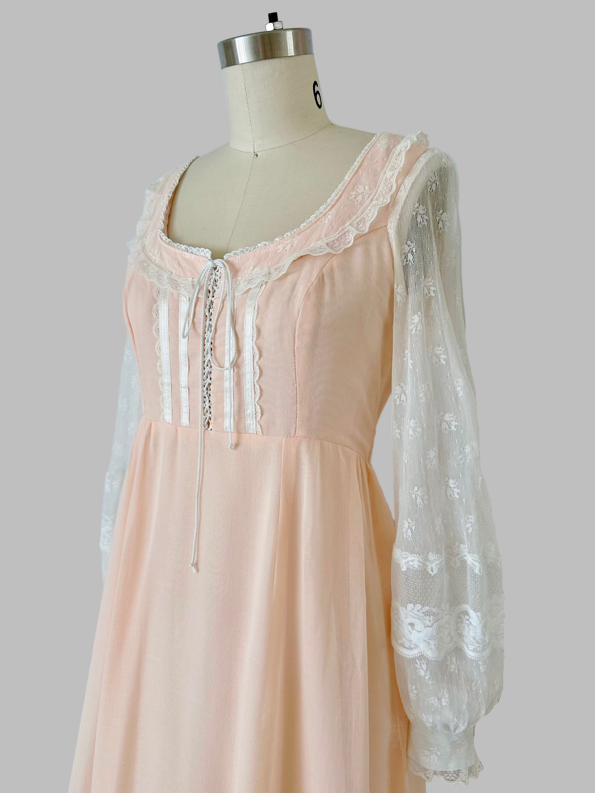 1970s Gunne Sax Peach Prairie Maxi Dress with Lace Sleeves