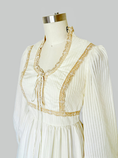 1970s Vintage Ivory Pinstripe Lace-Up Maxi Dress