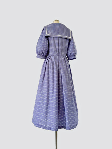 1980s Vintage Laura Ashley Sailor Midi Dress: Blue Polka Dot Prairie Dress