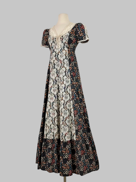 1970s Floral Maxi Dress with lace panel overlay 
