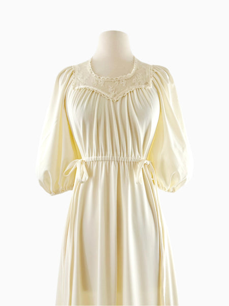 1970s Romantic Lace Trimmed Gown in Candlelight Ivory