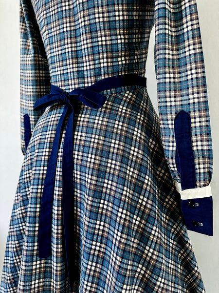1970s Gunne Sax Blue and white plaid dress with self ties