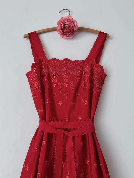 1970s Lanz Red Eyelet Embroidered Sundress with Scalloped Edges