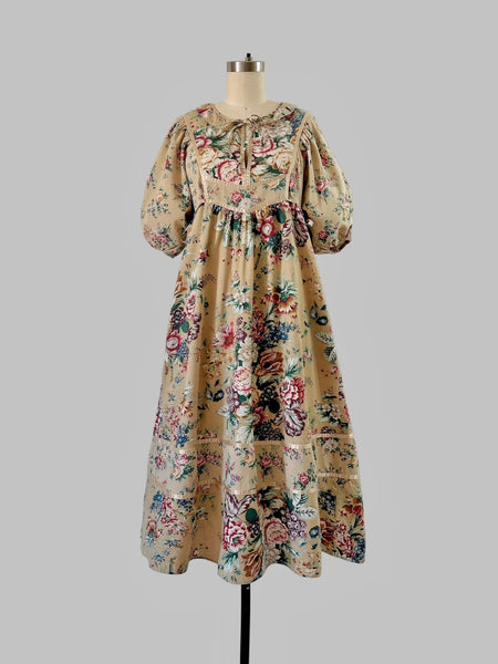 1970s Danuta Honey Beige Floral Dress