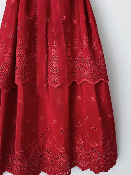1970s Lanz Red Eyelet Embroidered Sundress with Scalloped Edges