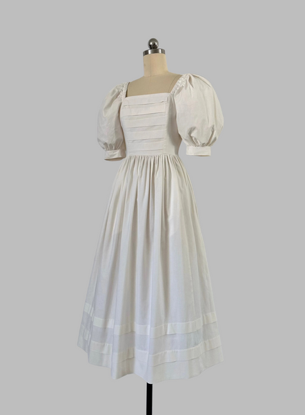 Vintage 1980s Laura Ashley White Cotton Midi dress with puff sleeves 