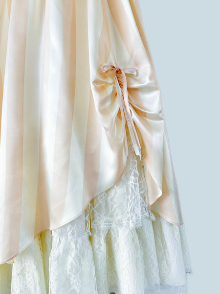 1980s Gunne Sax Off Shoulder Candy Stripe Satin Gown