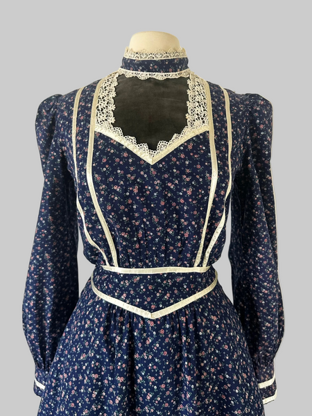 Vintage 1970s Gunne Sax navy blue floral cotton midi dress 