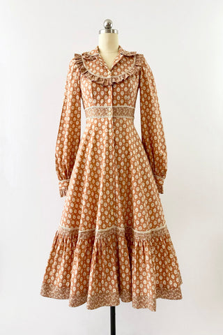 GUNNE SAX Vintage 1970s Tree-print ruffled cotton midi dress