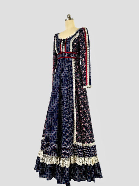 1970s Gunne Sax Lace-Up Blue Calico Maxi Dress