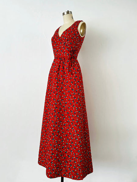 1970s Lanz Original Red Floral Quilted Maxi Dress