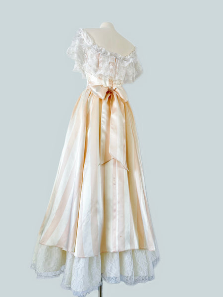 1980s Gunne Sax Off Shoulder Candy Stripe Satin Gown