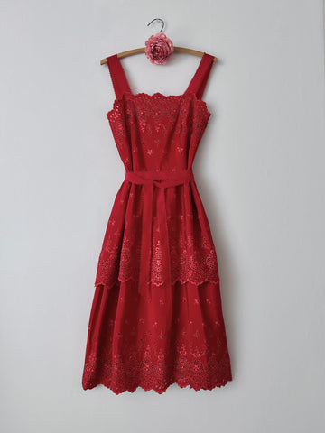 1970s Lanz Red Eyelet Embroidered Sundress with Scalloped Edges