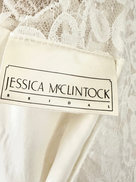 1980s Jessica McClintock Bridal Lace Victorian High Collar Midi Dress