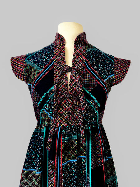 1970s Patchwork Corduroy Midi Dress with Tie Front
