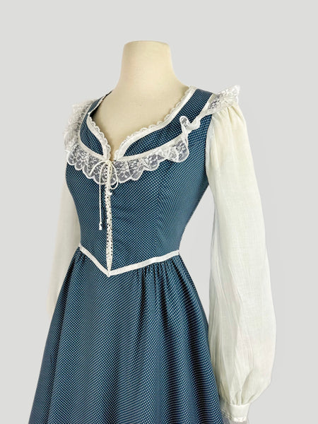 1970s Gunne Sax Cotton Polka Dot Dress - Blue