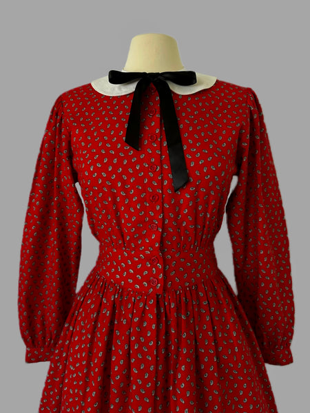 1981 Petite Lanz Red Paisley Cotton Midi Dress