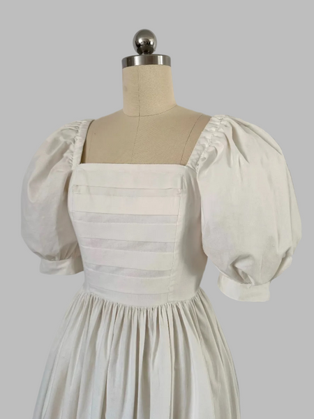 1980s Laura Ashley White Cotton Midi Dress with Puffed Sleeves