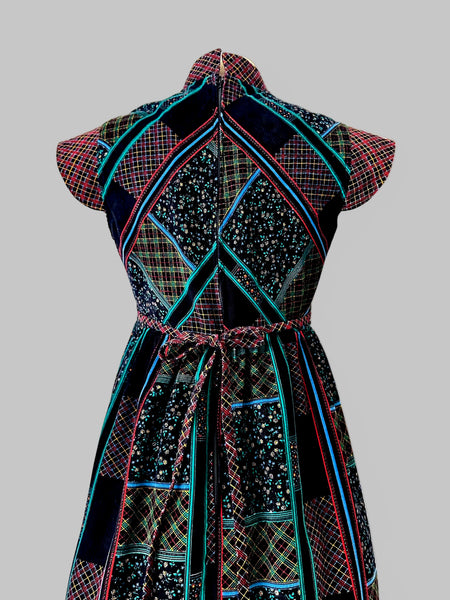 1970s Patchwork Corduroy Midi Dress with Tie Front