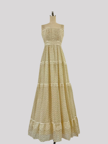 1970s Rosebud Floral & Lace Prairie Dress