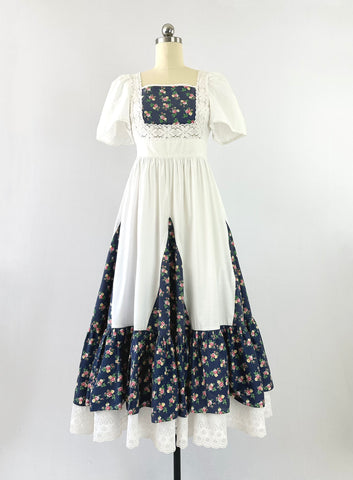 1970s Vintage tiered paneled floral-print cotton midi dress
