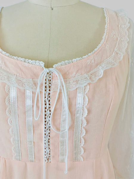 1970s Gunne Sax Peach Prairie Maxi Dress with Lace Sleeves